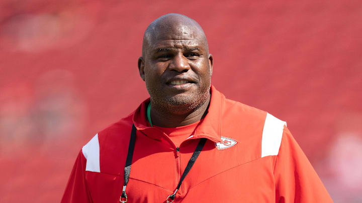 August 14, 2021; Santa Clara, California, USA; Kansas City Chiefs offensive coordinator Eric Bieniemy before the game against the San Francisco 49ers at Levi's Stadium. 