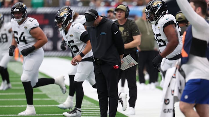 Nov 9, 2025; Houston, Texas, USA; Jacksonville Jaguars head coach Liam Coen reacts on the sidelines during the first half against the Houston Texans at NRG Stadium. Mandatory Credit: Thomas Shea-Imagn Images