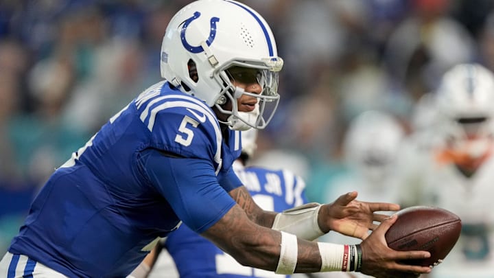 Oct 20, 2024; Indianapolis, Indiana, USA; Indianapolis Colts quarterback Anthony Richardson (5) catches the snap during a game against the Miami Dolphins at Lucas Oil Stadium. Mandatory Credit: Grace Hollars/IndyStar USA TODAY Network via Imagn Images