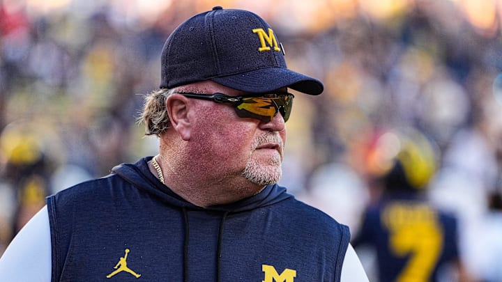 Michigan defensive coordinator Wink Martindale watches warm up ahead of the New Mexico game at Michigan Stadium in Ann Arbor on Saturday, August 30, 2025. Michigan defensive coordinator Wink Martindale watches warm up ahead of the New Mexico game at Michigan Stadium in Ann Arbor on Saturday, August 30, 2025.