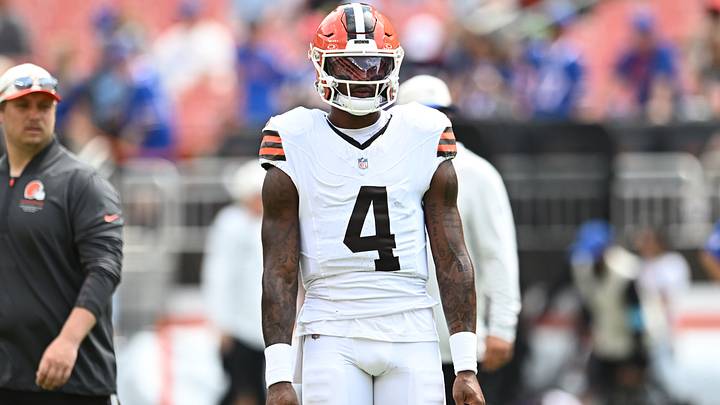 Aug 22, 2026; Cleveland, Ohio, USA; Cleveland Browns quarterback Deshaun Watson (4) during the first half at Huntington Bank Field. Mandatory Credit: Ken Blaze-Imagn Images