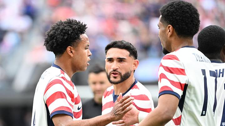 May 31, 2026; Charlotte, North Carolina, USA; United States midfielder Weston McKennie (8) reacts with teammates in the second half at Bank of America Stadium. Mandatory Credit: Bob Donnan-Imagn Images
