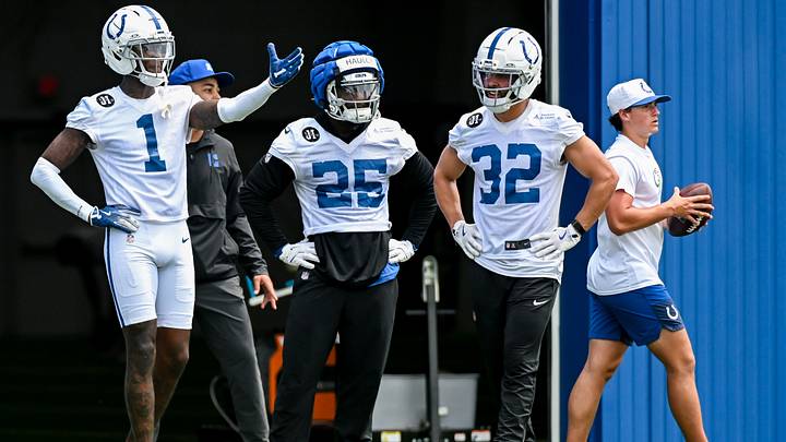 Jun 9, 2026; Indianapolis, IN, USA; Indianapolis Colts cornerback Sauce Gardner (1), Indianapolis Colts safety A.J. Haulcy (25) and Indianapolis Colts safety Daniel Scott (32) participate in a drill during minicamp at Indiana Farm Bureau Football Center. Mandatory Credit: Robert Goddin-Imagn Images