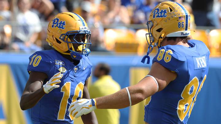 Sep 26, 2026; Pittsburgh, Pennsylvania, USA;  Pittsburgh Panthers wide receiver Censere Lee (10) celebrates his touchdown with tight end Carson Kent (86) against the Bucknell Bison first quarter at Acrisure Stadium.  Mandatory Credit: Charles LeClaire-Imagn Images