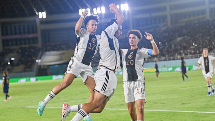 Paris Brunner celebrates after scoring the opening goal for Germany