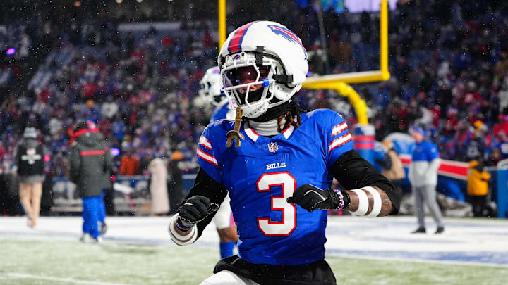 Jan 19, 2025; Orchard Park, New York, USA; Buffalo Bills safety Damar Hamlin (3) warms up before the game against the Baltimore Ravens in a 2025 AFC divisional round game at Highmark Stadium. Mandatory Credit: Gregory Fisher-Imagn Images