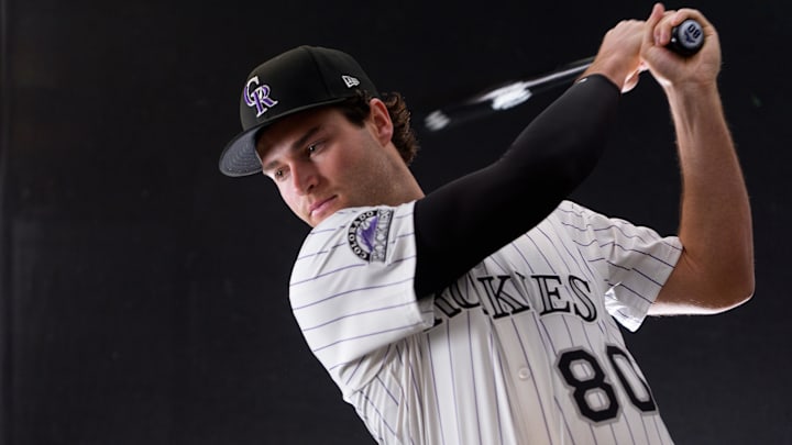 Feb 20, 2025; Scottsdale, AZ, USA;  Colorado Rockies infielder Kyle Karros (80) as shot during MLB Media Day at Salt River Fields. 