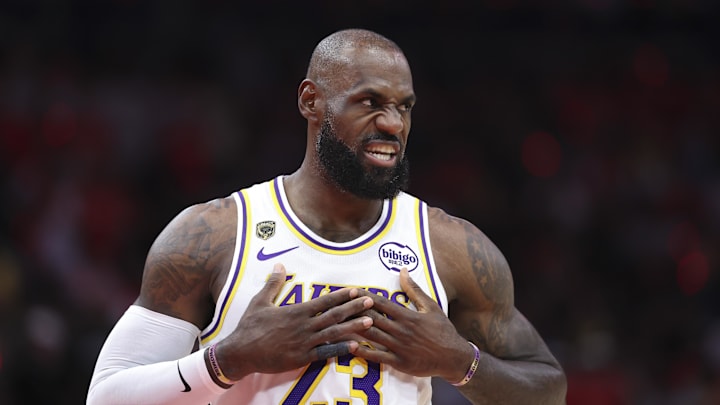 Apr 26, 2026; Houston, Texas, USA; Los Angeles Lakers forward LeBron James (23) walks on the court before the start of the game against the Houston Rockets in game four of the first round of the 2026 NBA Playoffs at Toyota Center. Mandatory Credit: Troy Taormina-Imagn Images