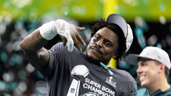 Feb 9, 2025; New Orleans, LA, USA; Philadelphia Eagles   safety C.J. Gardner-Johnson celebrates after defeating the Kansas City Chiefs in Super Bowl LIX at Ceasars Superdome. Mandatory Credit: Mark J. Rebilas-Imagn Images