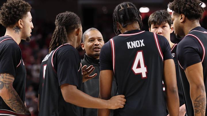 Jan 14, 2026; Fayetteville, Arkansas, USA; South Carolina Gamecocks head coach Lamont Paris talks to his players before tip off against the Arkansas Razorbacks at Bud Walton Arena. Arkansas won 108-74. Mandatory Credit: Nelson Chenault-Imagn Images