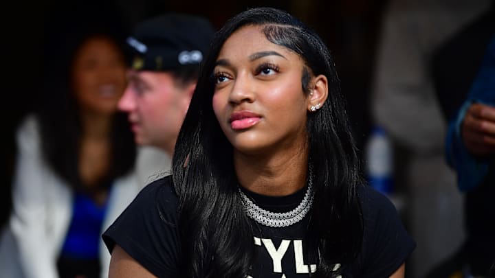 Sep 22, 2024; Inglewood, California, USA; WNBA basketball player Angel Reese attends the game between the Los Angeles Rams and San Francisco 49ers at SoFi Stadium.