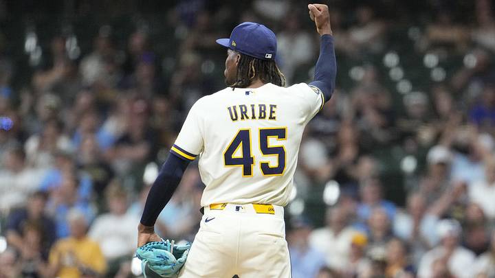May 26, 2026; Milwaukee, Wisconsin, USA; Milwaukee Brewers pitcher Abner Uribe (45) celebrates the final out of in the eighth inning against the St. Louis Cardinals at American Family Field. Mandatory Credit: Michael McLoone-Imagn Images