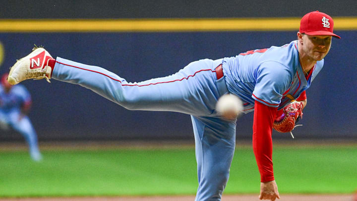 Sep 13, 2025; Milwaukee, Wisconsin, USA;  St. Louis Cardinals starting pitcher Sonny Gray (54) throws against the Milwaukee Brewers in the first inning at American Family Field. Mandatory Credit: Benny Sieu-Imagn Images