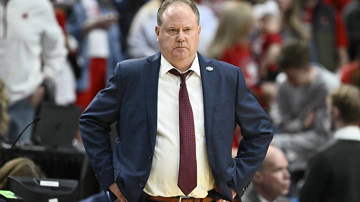 Mar 19, 2026; Portland, OR, USA; Wisconsin Badgers head coach Greg Gard reacts during the second half of a first round game of the men's 2026 NCAA Tournament against the High Point Panthers at Moda Center. Mandatory Credit: Craig Strobeck-Imagn Images