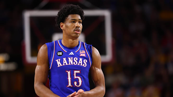 Mar 3, 2026; Tempe, Arizona, USA; Kansas Jayhawks forward Bryson Tiller (15) against the Arizona State Sun Devils at Desert Financial Arena. Mandatory Credit: Mark J. Rebilas-Imagn Images