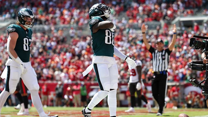 Sep 29, 2024; Tampa, Florida, USA; Philadelphia Eagles wide receiver Parris Campbell (80) celebrates after scoring a touchdown against the Tampa Bay Buccaneers in the second quarter at Raymond James Stadium. Mandatory Credit: Nathan Ray Seebeck-Imagn Images