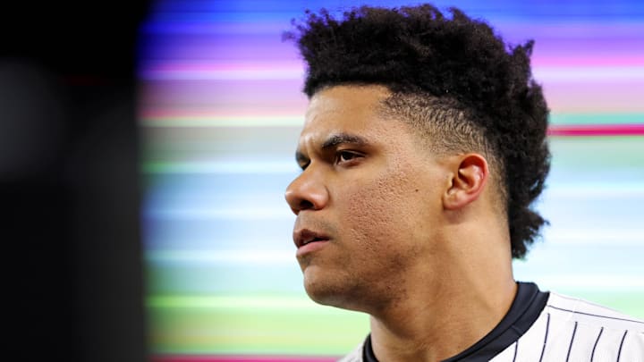 Oct 28, 2024; New York, New York, USA; New York Yankees outfielder Juan Soto (22) before playing against the Los Angeles Dodgers in game three of the 2024 MLB World Series at Yankee Stadium. Mandatory Credit: Brad Penner-Imagn Images Oct 28, 2024; New York, New York, USA; New York Yankees outfielder Juan Soto (22) before playing against the Los Angeles Dodgers in game three of the 2024 MLB World Series at Yankee Stadium. Mandatory Credit: Brad Penner-Imagn Images