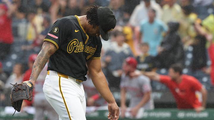 Jun 27, 2026; Pittsburgh, Pennsylvania, USA;  Pittsburgh Pirates relief pitcher Gregory Soto (31) reacts after surrendering a three run home run to Cincinnati Reds designated hitter Eugenio Suárez (not p[ictured) during the ninth inning at PNC Park. Mandatory Credit: Charles LeClaire-Imagn Images
