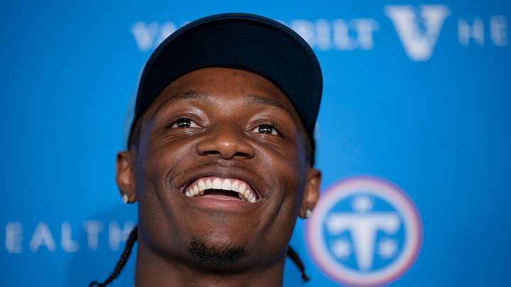 Tennessee Titans first round draft pick wide receiver Carnell Tate, 4th overall pick, stands for a portrait at Vanderbilt Health Football Center Friday, April 24, 2026.