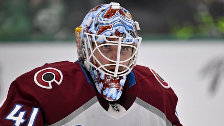 Apr 4, 2026; Dallas, Texas, USA; Colorado Avalanche goaltender Scott Wedgewood (41) faces the Dallas Stars attack during the game between the Stars and the Avalanche at American Airlines Center. Mandatory Credit: Jerome Miron-Imagn Images