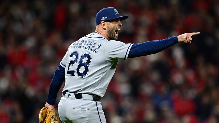 Oct 17, 2026; Cleveland, Ohio, USA;  Tampa Bay Rays starting pitcher Nick Martinez (28) reacts to a defensive play made by infielder Taylor Walls (not pictured) against the Cleveland Guardians during the fifth inning in game four of the ALCS for the 2026 MLB Playoffs at Progressive Field.  Mandatory Credit: David Dermer-Imagn Images