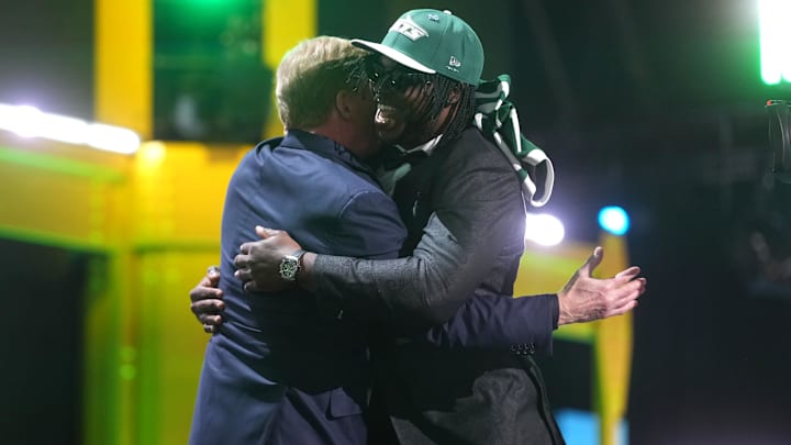 Apr 23, 2026; Pittsburgh, PA, USA; Texas Tech Red Raiders linebacker David Bailey embraces NFL commissioner Roger Goodell after he is selected by the New York Jets as the number two pick during the 2026 NFL Draft at Acrisure Stadium. Mandatory Credit: Kirby Lee-Imagn Images