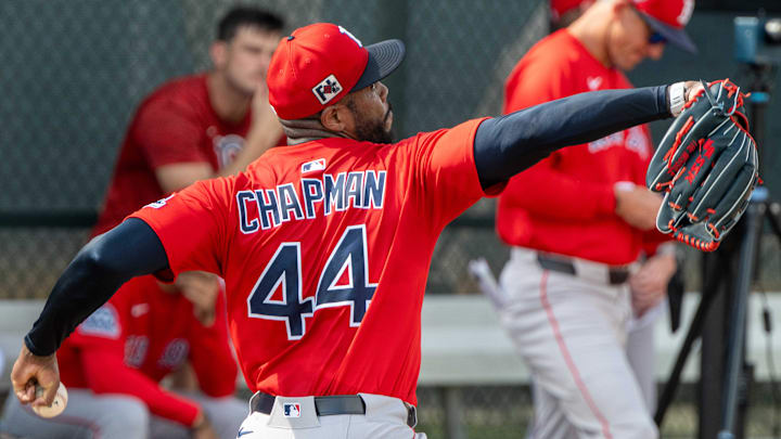 Feb 12, 2025; Lee County, FL, USA; Boston Red Sox pitcher Aroldis Chapman (44) during the first day of spring training at Jet Blue Park at Fenway South. Mandatory Credit: Chris Tilley-Imagn Images Feb 12, 2025; Lee County, FL, USA; Boston Red Sox pitcher Aroldis Chapman (44) during the first day of spring training at Jet Blue Park at Fenway South. Mandatory Credit: Chris Tilley-Imagn Images