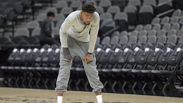 Mar 14, 2025; San Antonio, Texas, USA; Inured Charlotte Hornets forward Brandon Miller (24) works out before a game against the San Antonio Spurs at Frost Bank Center. Mandatory Credit: Scott Wachter-Imagn Images
