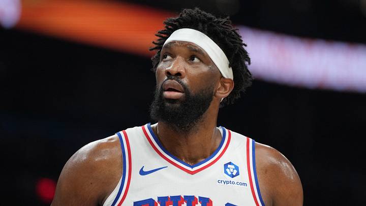 Philadelphia 76ers center Joel Embiid (21) reacts against the Phoenix Suns during the first half of an NBA game at Mortgage Matchup Center. Philadelphia 76ers center Joel Embiid (21) reacts against the Phoenix Suns during the first half of an NBA game at Mortgage Matchup Center.