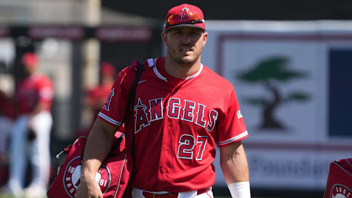 Mar 10, 2026; Tempe, Arizona, USA; Los Angeles Angels right fielder Mike Trout (27) prepares to play the San Diego Padres at Tempe Diablo Stadium. Mandatory Credit: Rick Scuteri-Imagn Images