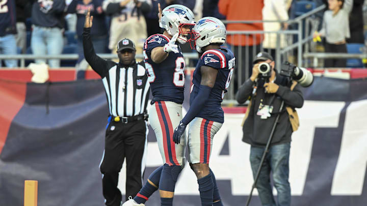 Oct 26, 2025; Foxborough, Massachusetts, USA;  New England Patriots wide receiver Kayshon Boutte (9) celebrates scoring a touchdown with wide receiver Efton Chism III (86) during the third quarter against the Cleveland Browns at Gillette Stadium. Mandatory Credit: Brian Fluharty-Imagn Images