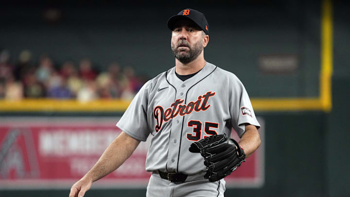 Mar 30, 2026; Phoenix, Arizona, USA; Detroit Tigers pitcher Justin Verlander (35) throws against the Arizona Diamondbacks in the first inning at Chase Field. Mandatory Credit: Rick Scuteri-Imagn Images