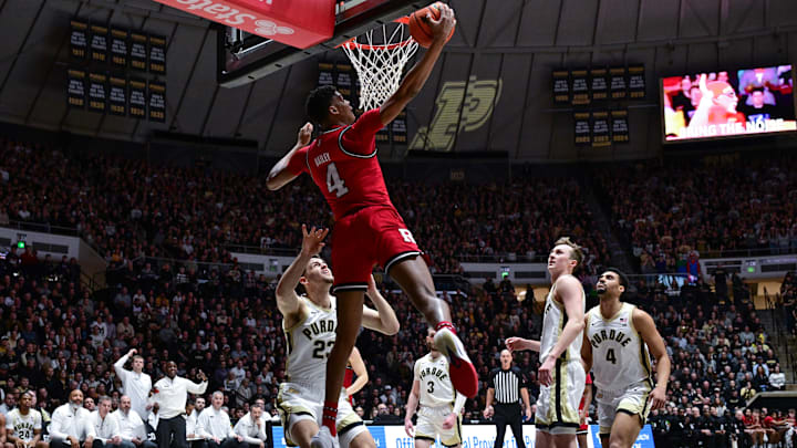 Mar 4, 2025; West Lafayette, Indiana, USA; Rutgers Scarlet Knights guard Ace Bailey (4) dunks the ball against the Purdue Boilermakers during the first half at Mackey Arena. Mandatory Credit: Marc Lebryk-Imagn Images
