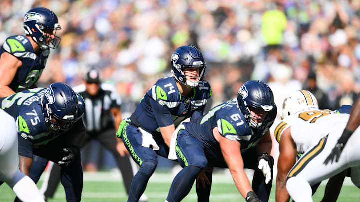 Sep 21, 2025; Seattle, Washington, USA; Seattle Seahawks quarterback Sam Darnold (14) waits for the snap during the third quarter against the New Orleans Saints at Lumen Field. Mandatory Credit: Steven Bisig-Imagn Images