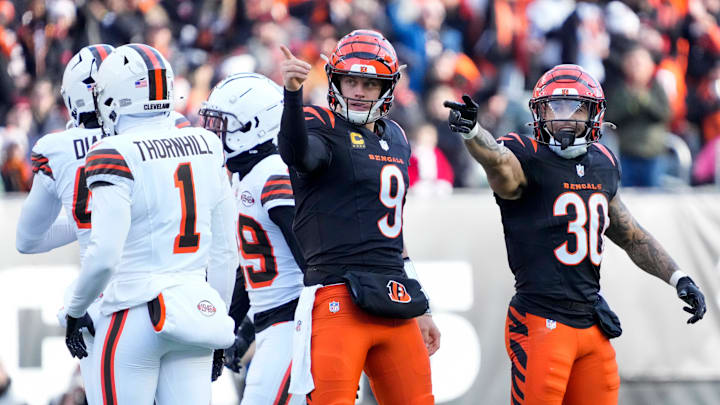 Cincinnati Bengals quarterback Joe Burrow (9) and running back Chase Brown (30) celebrate after a first down run by Burrow in the second quarter of the NFL Week 16 game between the Cincinnati Bengals and the Cleveland Browns at Paycor Stadium in downtown Cincinnati on Sunday, Dec. 22, 2024. The Bengals led 17-0 at halftime. Cincinnati Bengals quarterback Joe Burrow (9) and running back Chase Brown (30) celebrate after a first down run by Burrow in the second quarter of the NFL Week 16 game between the Cincinnati Bengals and the Cleveland Browns at Paycor Stadium in downtown Cincinnati on Sunday, Dec. 22, 2024. The Bengals led 17-0 at halftime.