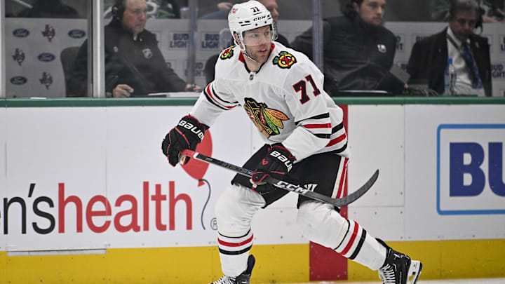 Nov 7, 2024; Dallas, Texas, USA; Chicago Blackhawks left wing Taylor Hall (71) in action during the game between the Dallas Stars and the Chicago Blackhawks at the American Airlines Center. Mandatory Credit: Jerome Miron-Imagn Images