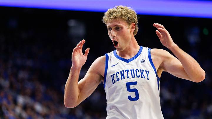 Nov 4, 2025; Lexington, Kentucky, USA; Kentucky Wildcats guard Collin Chandler (5) reacts to a charge call during the first half against the Nicholls Colonels at Rupp Arena at Central Bank Center. Mandatory Credit: Jordan Prather-Imagn Images