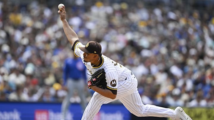 San Diego Padres relief pitcher Jeremiah Estrada (56) delivers during the seventh inning against the Chicago Cubs at Petco Park on April 16, 2025.