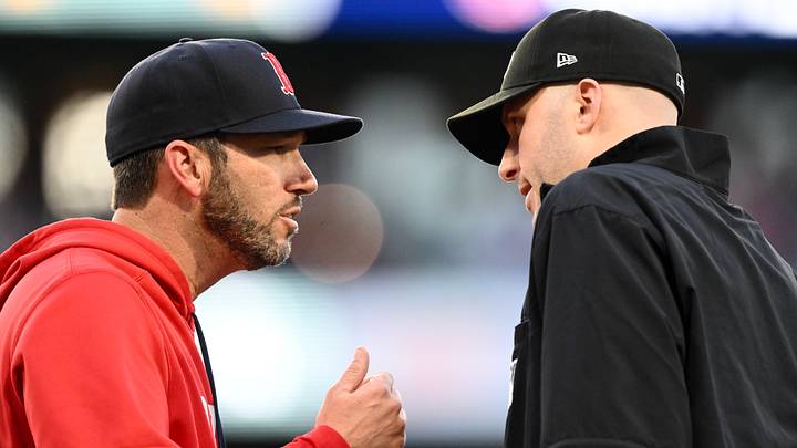 Jun 29, 2026; Boston, Massachusetts, USA; Boston Red Sox interim manager Chad Tracy (17) argues wit umpire Nic Lentz after the ejection of first baseman Willson Contreras (not seen)  during the second inning of a game against the Washington Nationals at Fenway Park. Mandatory Credit: Brian Fluharty-Imagn Images