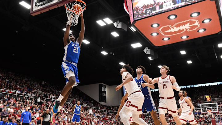Jan 17, 2026; Stanford, California, USA; Duke Blue Devils center Patrick Ngongba II (21) shoots against the Stanford Cardinal in the second half at Maples Pavilion. Mandatory Credit: Eakin Howard-Imagn Images