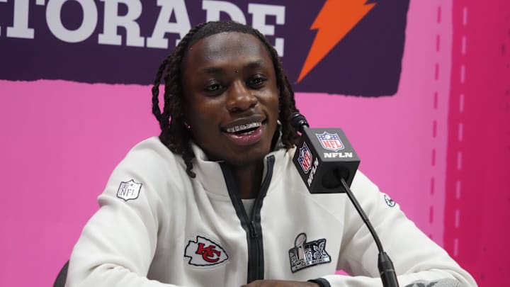Feb 3, 2025; New Orleans, LA, USA; Kansas City Chiefs wide receiver Xavier Worthy (1) during Super Bowl LIX Opening Night at Ceasars Superdome. Mandatory Credit: Kirby Lee-Imagn Images