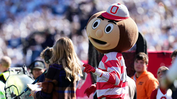 Ohio State Buckeyes mascot Brutus walks along the sideline during the NCAA football game against the Penn State Nittany Lions at Beaver Stadium in University Park, Pa. on Monday, Nov. 4, 2024. Ohio State won 20-13. Ohio State Buckeyes mascot Brutus walks along the sideline during the NCAA football game against the Penn State Nittany Lions at Beaver Stadium in University Park, Pa. on Monday, Nov. 4, 2024. Ohio State won 20-13.