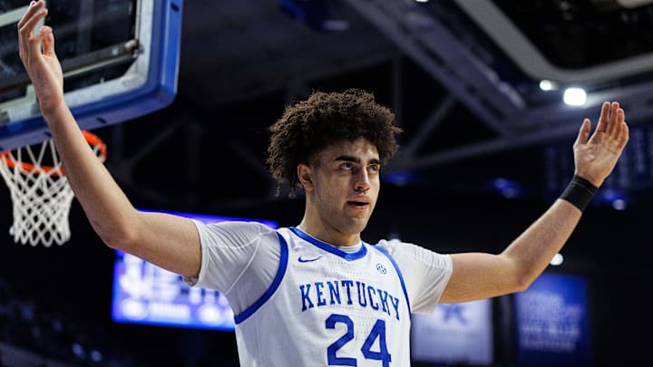 Jan 10, 2026; Lexington, Kentucky, USA; Kentucky Wildcats center Malachi Moreno (24) motions for the crowd to cheer during the first half against the Mississippi State Bulldogs at Rupp Arena at Central Bank Center. Mandatory Credit: Jordan Prather-Imagn Images