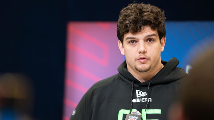 Mar 1, 2025; Indianapolis, IN, USA; Louisiana State University offensive lineman Will Campbell (OL05) answers questions at a press conference during the 2025 NFL Combine at Indiana Convention Center. Mandatory Credit: Jacob Musselman-Imagn Images