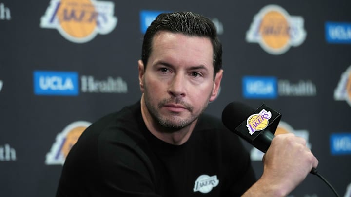 Oct 24, 2025; Los Angeles, California, USA; Los Angeles Lakers head coach JJ Redick at a press conference at Crypto.com Arena. Mandatory Credit: Kirby Lee-Imagn Images Oct 24, 2025; Los Angeles, California, USA; Los Angeles Lakers head coach JJ Redick at a press conference at Crypto.com Arena. Mandatory Credit: Kirby Lee-Imagn Images
