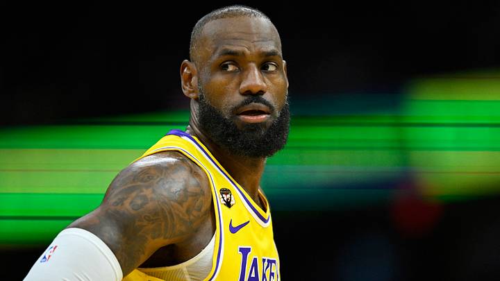 Los Angeles Lakers forward LeBron James (23) stands on the court in the third quarter against the Cleveland Cavaliers at Rocket Arena. Los Angeles Lakers forward LeBron James (23) stands on the court in the third quarter against the Cleveland Cavaliers at Rocket Arena.