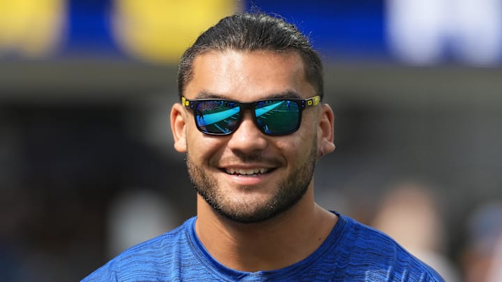 Aug 16, 2025; Inglewood, California, USA; Los Angeles Rams wide receiver Puka Nacua reacts during a game against the Los Angeles Chargers at SoFi Stadium. Mandatory Credit: Kirby Lee-Imagn Images