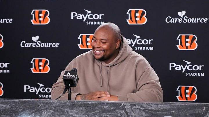 Defensive tackle Dexter Lawrence addresses the media April 20, 2026, at Paycor Stadium for the first time since becoming a Cincinnati Bengal.
