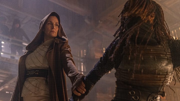 (L-R): Jedi Master Indara (Carrie-Anne Moss) and Mae (Amandla Stenberg) in Lucasfilm's THE ACOLYTE, exclusively on Disney+. ©2024 Lucasfilm Ltd. & TM. All Rights Reserved.