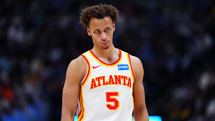 Hawks guard Dyson Daniels (5) looks on during the second half against the Denver Nuggets at Ball Arena. 